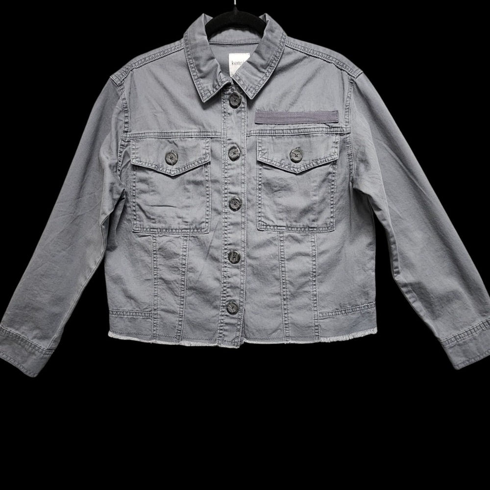 Kensie Denim Jacket Womens Small Grey Cotton Crop Frayed Hem Biker Western Y2K‎